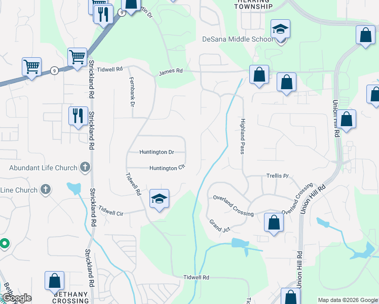 map of restaurants, bars, coffee shops, grocery stores, and more near 235 Huntington Circle in Alpharetta