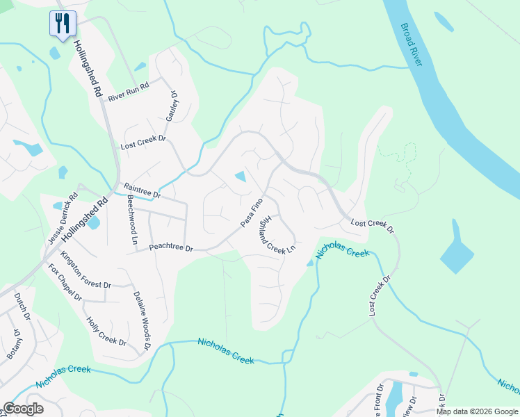 map of restaurants, bars, coffee shops, grocery stores, and more near 100 Highland Creek Lane in Columbia