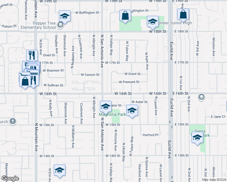 map of restaurants, bars, coffee shops, grocery stores, and more near 635 West 16th Street in Upland