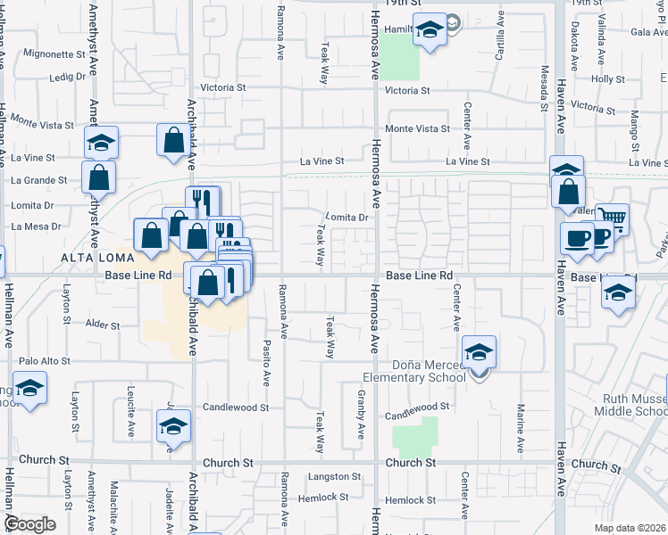 map of restaurants, bars, coffee shops, grocery stores, and more near 10002 Base Line Road in Rancho Cucamonga