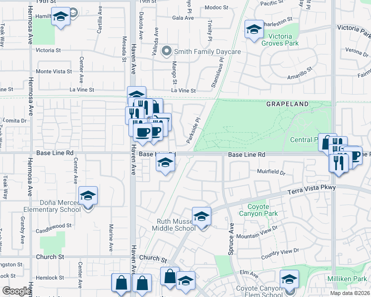 map of restaurants, bars, coffee shops, grocery stores, and more near 7287 Parkside Place in Rancho Cucamonga