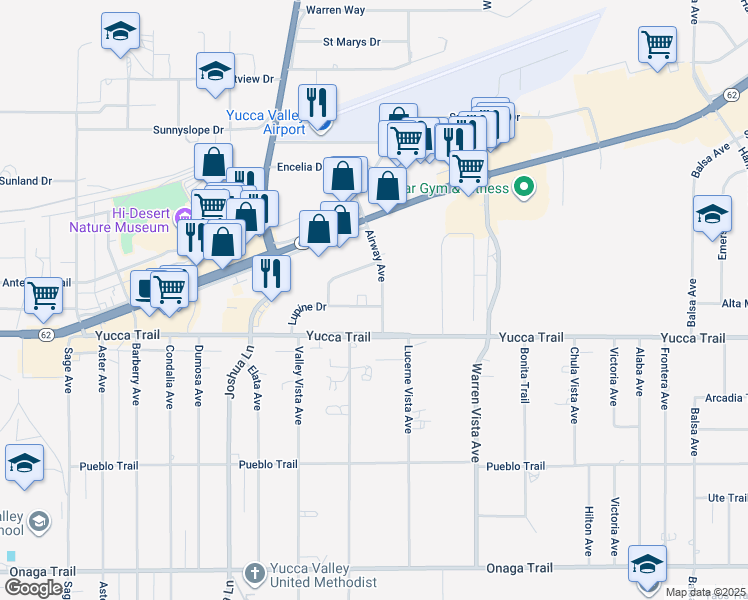 map of restaurants, bars, coffee shops, grocery stores, and more near 57486 Lupine Drive in Yucca Valley