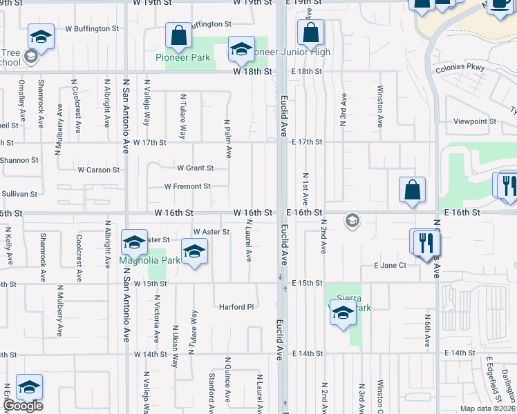 map of restaurants, bars, coffee shops, grocery stores, and more near 1604 North Laurel Avenue in Upland