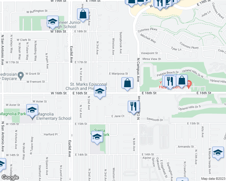 map of restaurants, bars, coffee shops, grocery stores, and more near 454 East Merrimac Court in Upland