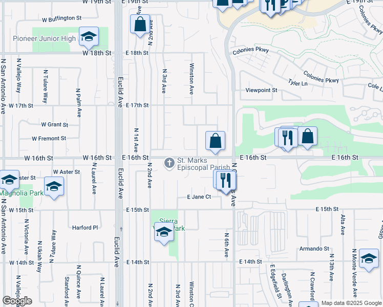 map of restaurants, bars, coffee shops, grocery stores, and more near 454 East Merrimac Court in Upland