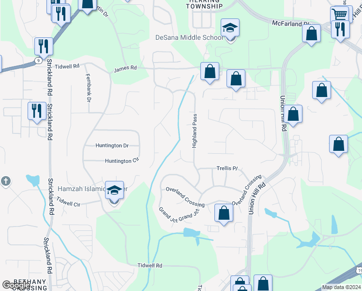map of restaurants, bars, coffee shops, grocery stores, and more near 2740 Two Rock Court in Alpharetta