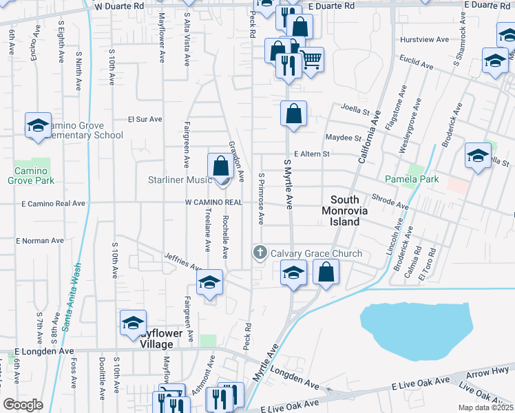 map of restaurants, bars, coffee shops, grocery stores, and more near 2403 South Primrose Avenue in Monrovia