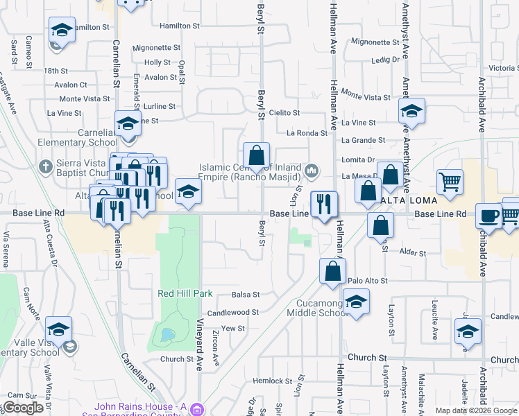 map of restaurants, bars, coffee shops, grocery stores, and more near 7262 Beryl Street in Rancho Cucamonga