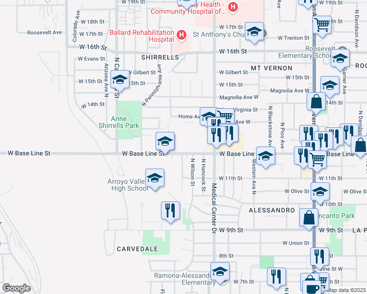 map of restaurants, bars, coffee shops, grocery stores, and more near Madison Street North in San Bernardino