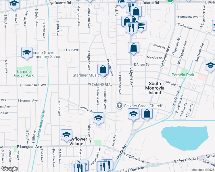 map of restaurants, bars, coffee shops, grocery stores, and more near 2402 Rochelle Avenue in Monrovia