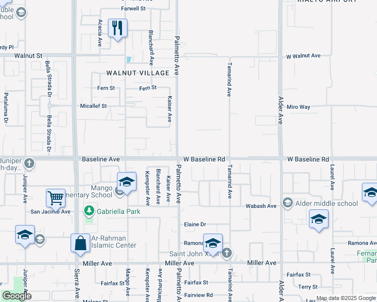 map of restaurants, bars, coffee shops, grocery stores, and more near 2688 West Baseline Road in Fontana