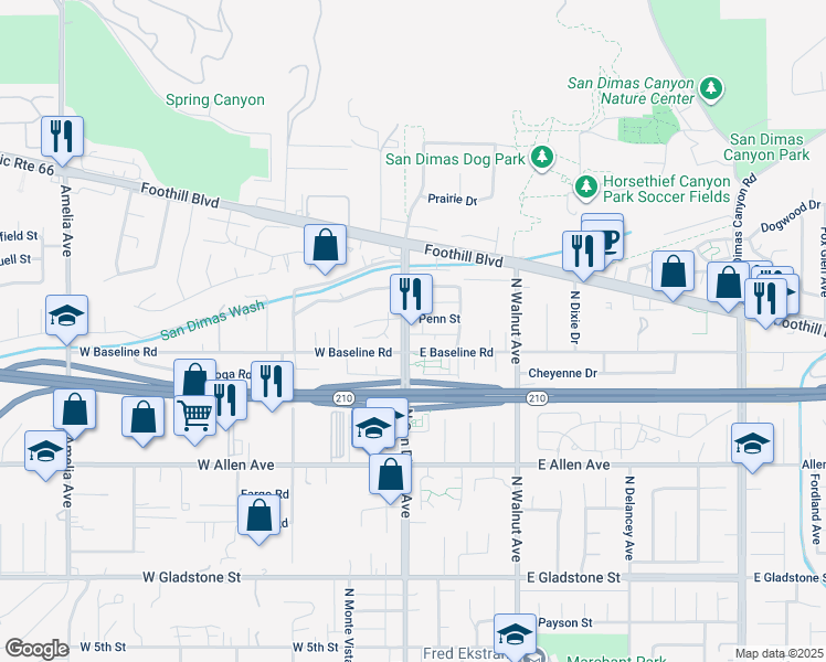 map of restaurants, bars, coffee shops, grocery stores, and more near 1112 North San Dimas Avenue in San Dimas