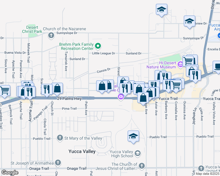 map of restaurants, bars, coffee shops, grocery stores, and more near 56646 Antelope Trail in Yucca Valley