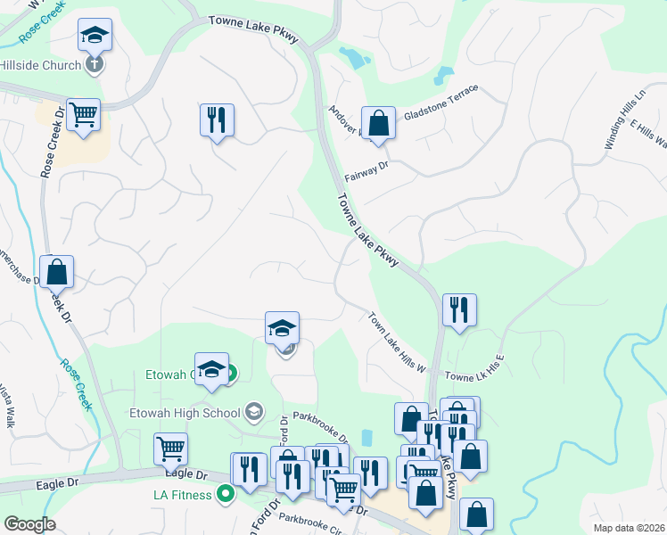 map of restaurants, bars, coffee shops, grocery stores, and more near 4001 Iron Hill Lane in Woodstock