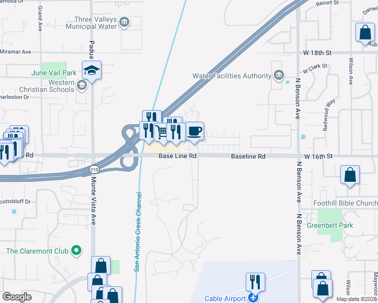 map of restaurants, bars, coffee shops, grocery stores, and more near 1592 Redwoods Drive Place in Upland