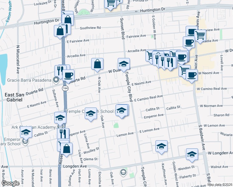 map of restaurants, bars, coffee shops, grocery stores, and more near 9509 Ardendale Avenue in Arcadia