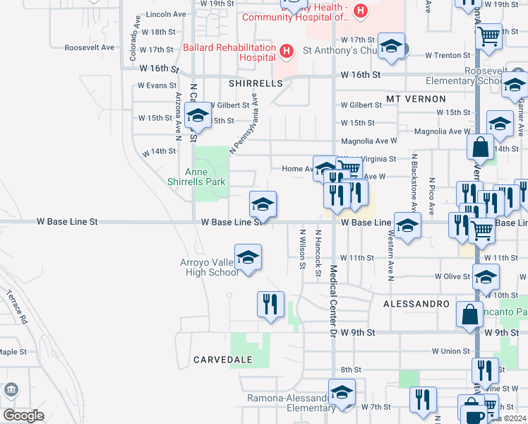 map of restaurants, bars, coffee shops, grocery stores, and more near 1812 West Base Line Street in San Bernardino