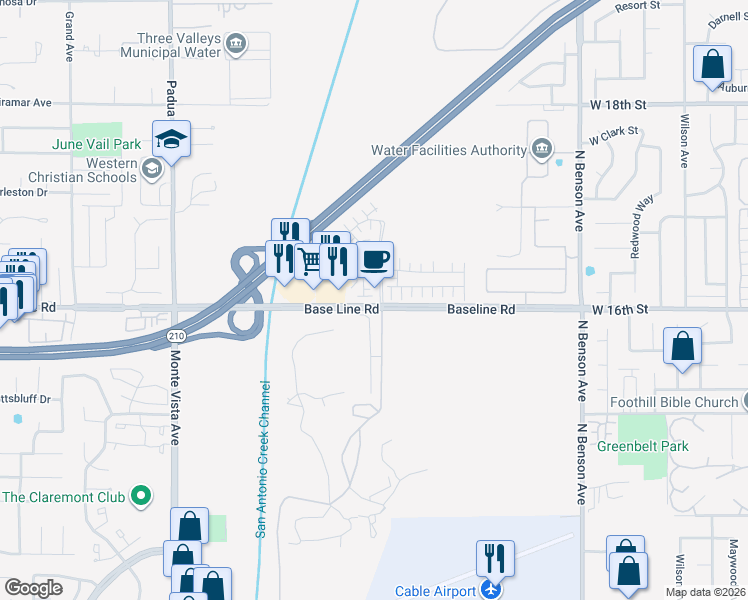 map of restaurants, bars, coffee shops, grocery stores, and more near 1604 Mahogany Tree Place in Upland