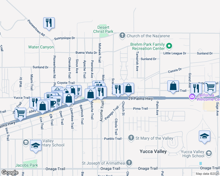 map of restaurants, bars, coffee shops, grocery stores, and more near 7248 Scarvan Road in Yucca Valley