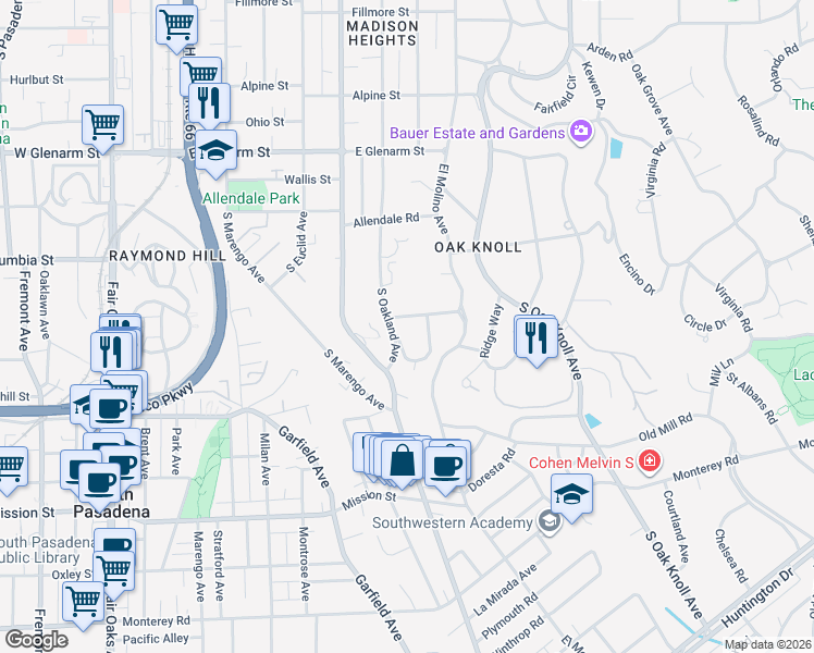 map of restaurants, bars, coffee shops, grocery stores, and more near 540 Woodland Road in Pasadena