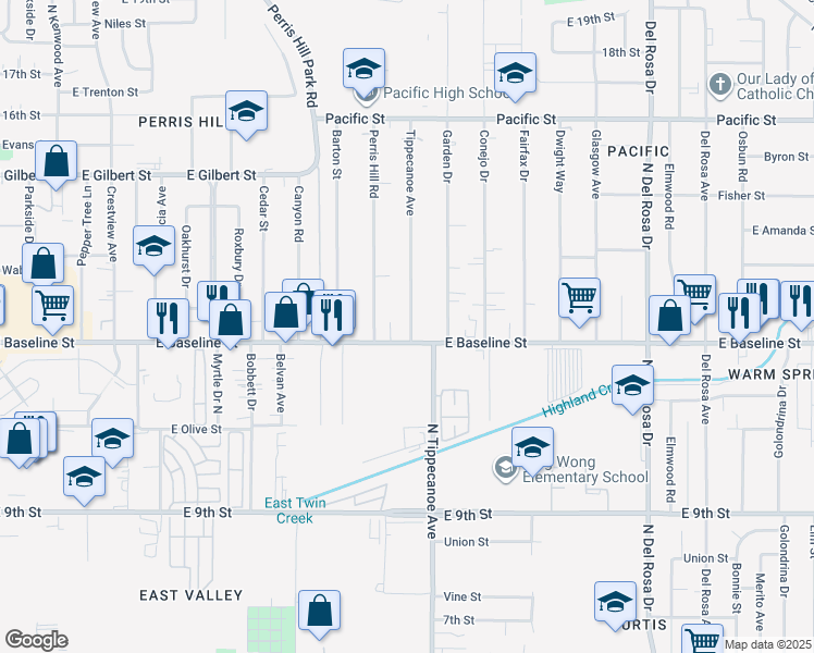 map of restaurants, bars, coffee shops, grocery stores, and more near 7282 Tippecanoe Avenue in San Bernardino