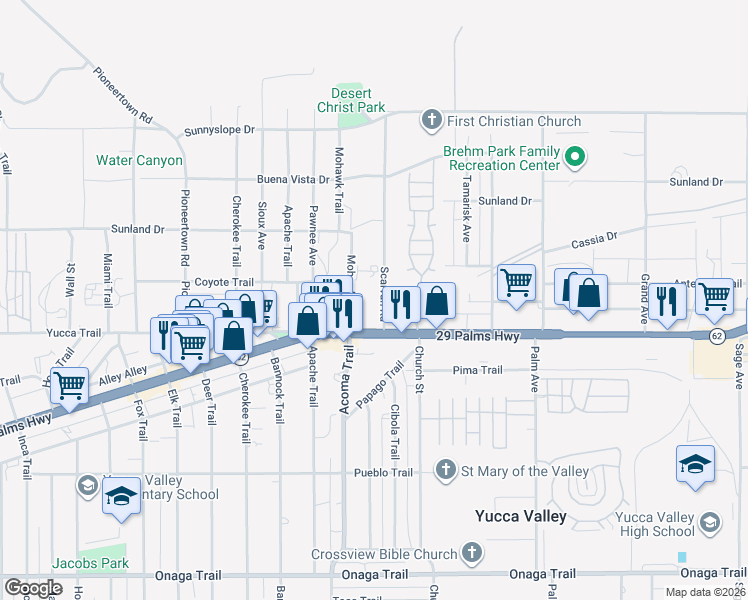 map of restaurants, bars, coffee shops, grocery stores, and more near 7221 Mohawk Trail in Yucca Valley