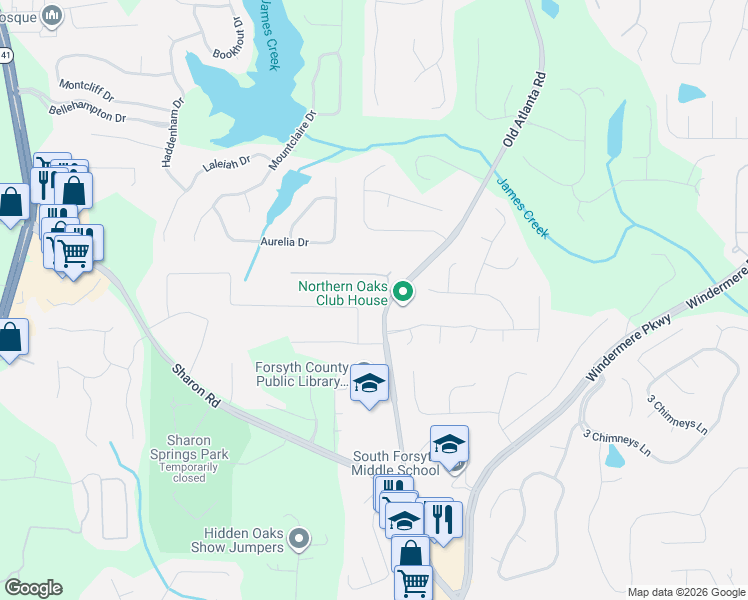 map of restaurants, bars, coffee shops, grocery stores, and more near 2630 Old Atlanta Road in Cumming