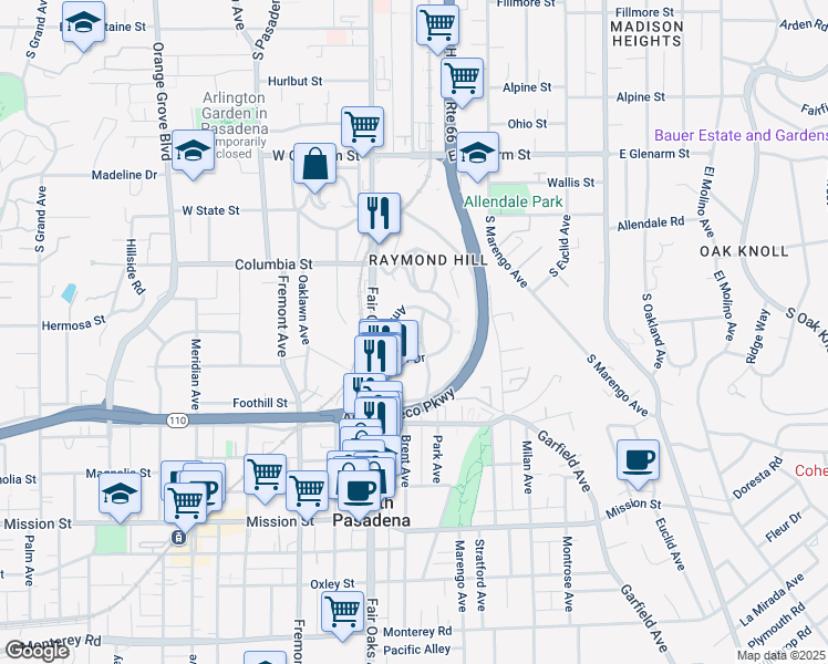 map of restaurants, bars, coffee shops, grocery stores, and more near 1660 Amberwood Drive in South Pasadena