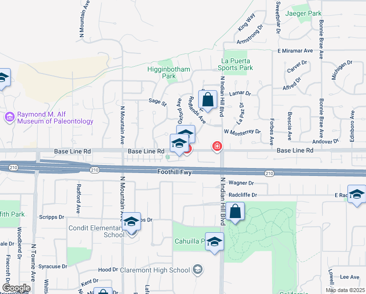 map of restaurants, bars, coffee shops, grocery stores, and more near 2106 Oxford Avenue in Claremont