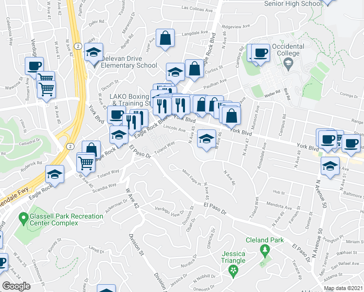 map of restaurants, bars, coffee shops, grocery stores, and more near 4420 Toland Way in Los Angeles