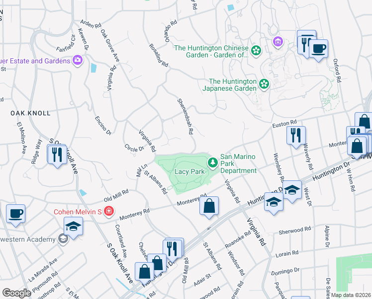 map of restaurants, bars, coffee shops, grocery stores, and more near 1405 Shenandoah Road in San Marino