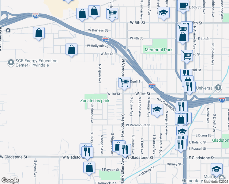 map of restaurants, bars, coffee shops, grocery stores, and more near 101 North Barbara Avenue in Azusa