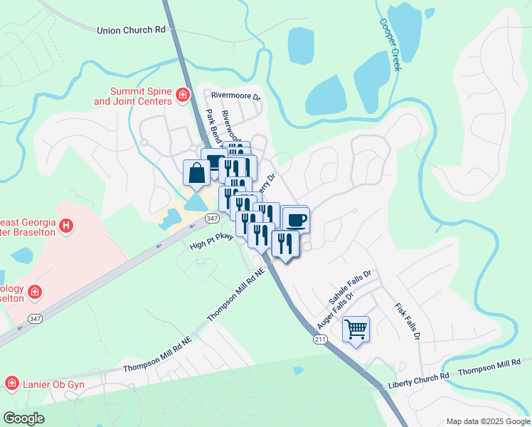 map of restaurants, bars, coffee shops, grocery stores, and more near 2655 Old Winder Highway in Braselton