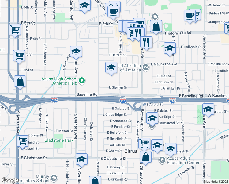 map of restaurants, bars, coffee shops, grocery stores, and more near 751 East 1st Street in Azusa