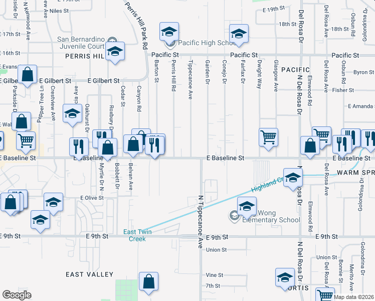 map of restaurants, bars, coffee shops, grocery stores, and more near 7282 Tippecanoe Avenue in San Bernardino