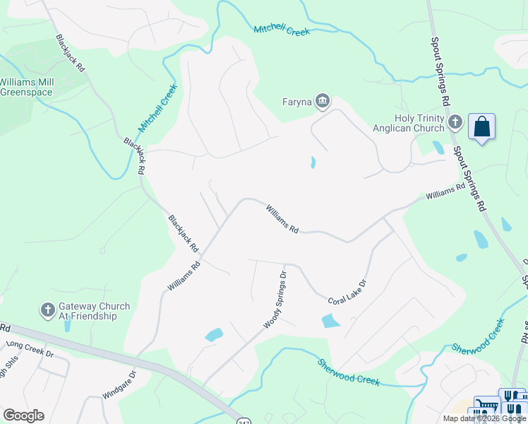 map of restaurants, bars, coffee shops, grocery stores, and more near 7315 Williams Road in Flowery Branch