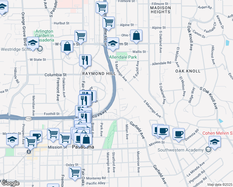 map of restaurants, bars, coffee shops, grocery stores, and more near 409 Garfield Avenue in South Pasadena