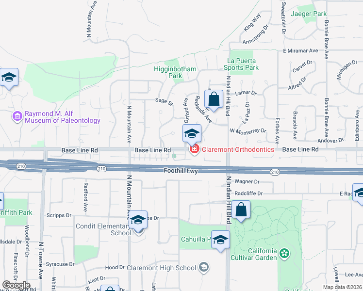 map of restaurants, bars, coffee shops, grocery stores, and more near 2105 Oxford Avenue in Claremont