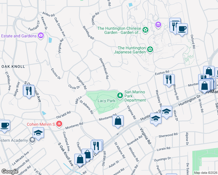 map of restaurants, bars, coffee shops, grocery stores, and more near 1405 Shenandoah Road in San Marino