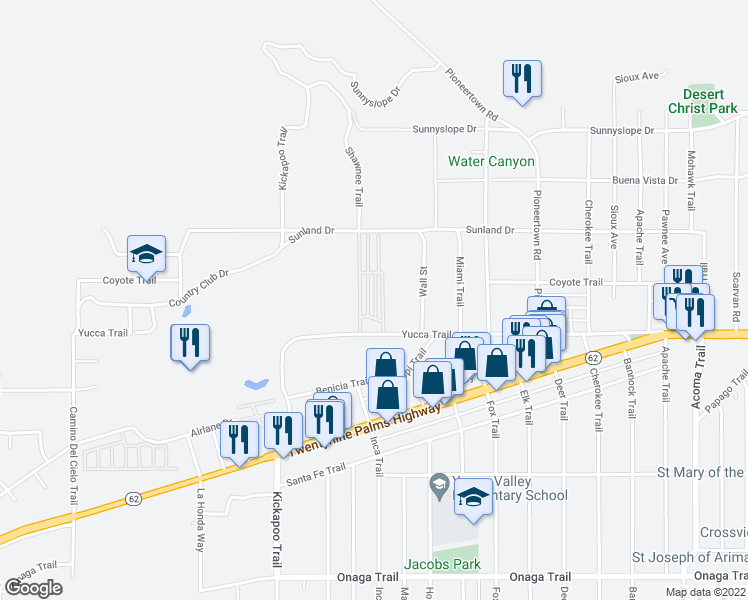 map of restaurants, bars, coffee shops, grocery stores, and more near 55524 Yucca Trail in Yucca Valley