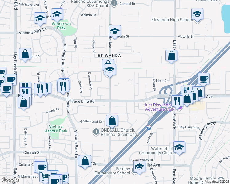 map of restaurants, bars, coffee shops, grocery stores, and more near 12875 Craig Drive in Rancho Cucamonga