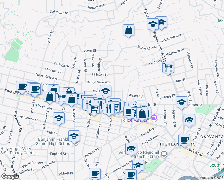 map of restaurants, bars, coffee shops, grocery stores, and more near 5679 Stratford Road in Los Angeles