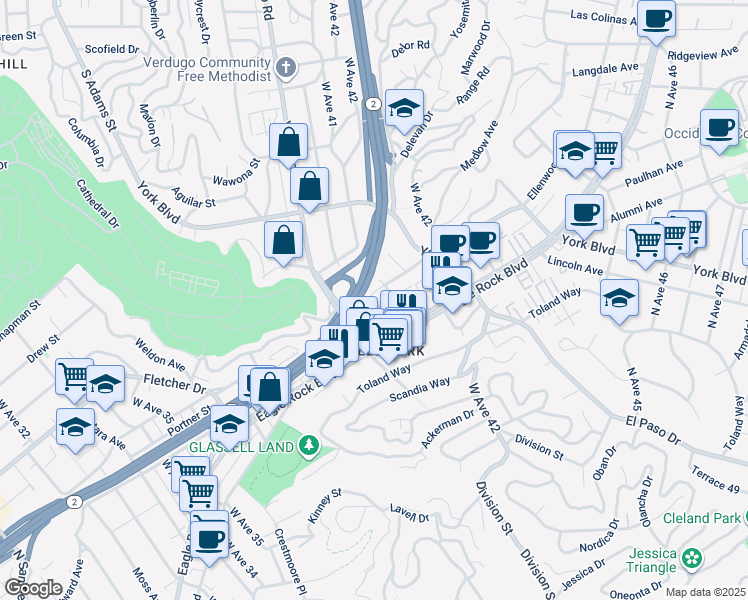 map of restaurants, bars, coffee shops, grocery stores, and more near 3022 Valle Vista Drive in Los Angeles