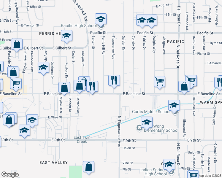 map of restaurants, bars, coffee shops, grocery stores, and more near 7282 Tippecanoe Avenue in San Bernardino