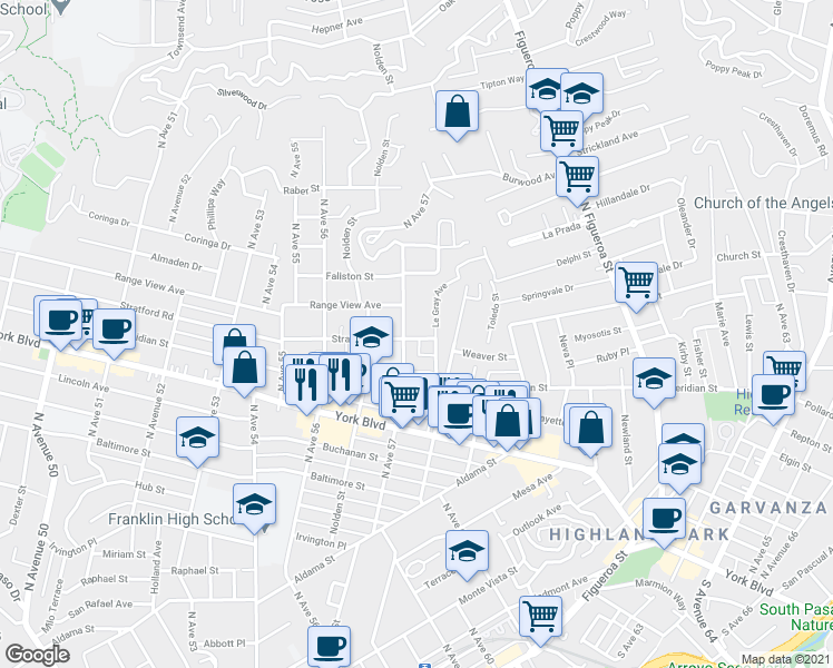 map of restaurants, bars, coffee shops, grocery stores, and more near 5711 Stratford Road in Los Angeles