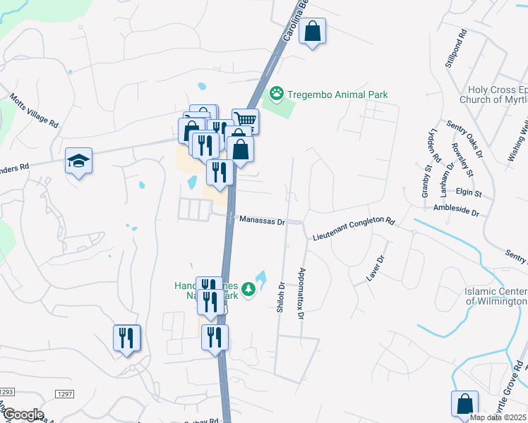map of restaurants, bars, coffee shops, grocery stores, and more near 527 Manassas Drive in Wilmington