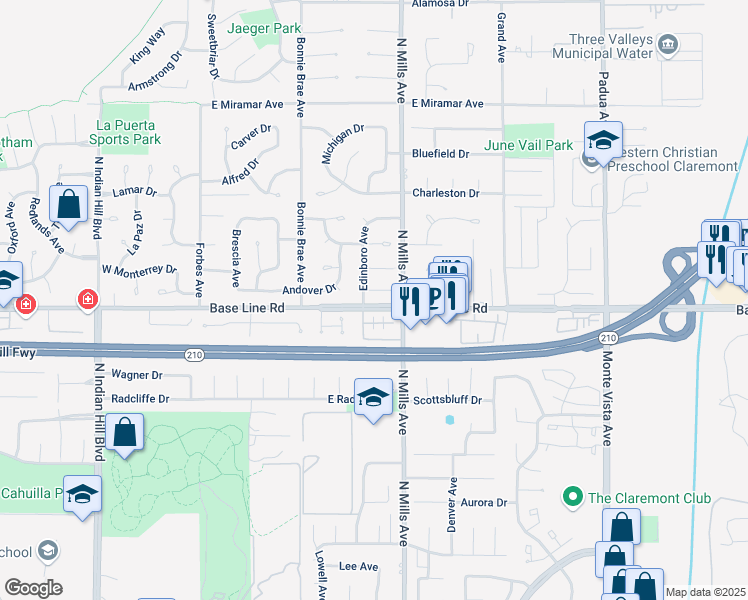 map of restaurants, bars, coffee shops, grocery stores, and more near 425 East Baseline Road in Claremont