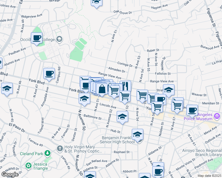 map of restaurants, bars, coffee shops, grocery stores, and more near 5141 Meridian Street in Los Angeles