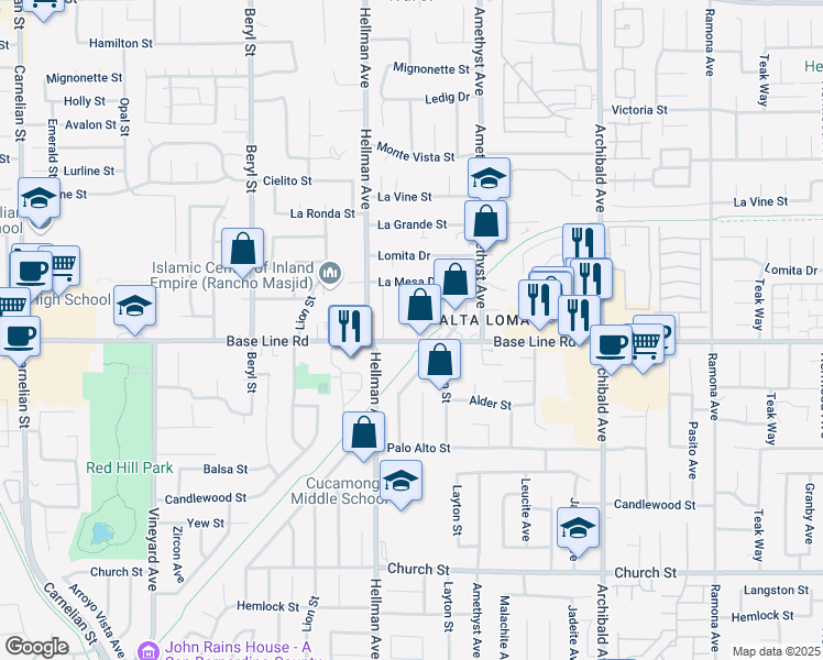 map of restaurants, bars, coffee shops, grocery stores, and more near 9360 Base Line Road in Rancho Cucamonga