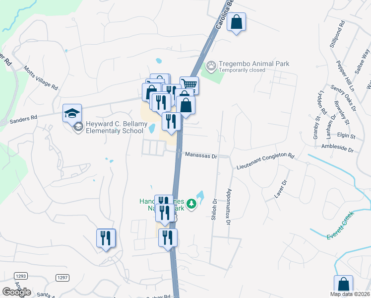 map of restaurants, bars, coffee shops, grocery stores, and more near 501 Manassas Drive in Wilmington